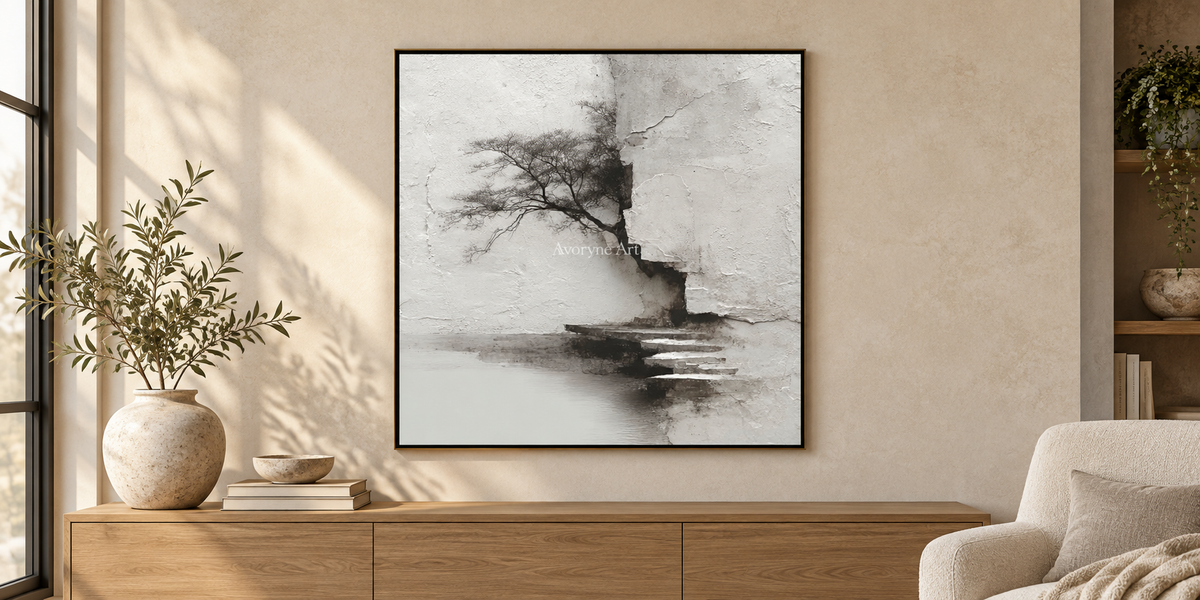 Conceptual interior mockup with a framed textured landscape painting above an oak console.