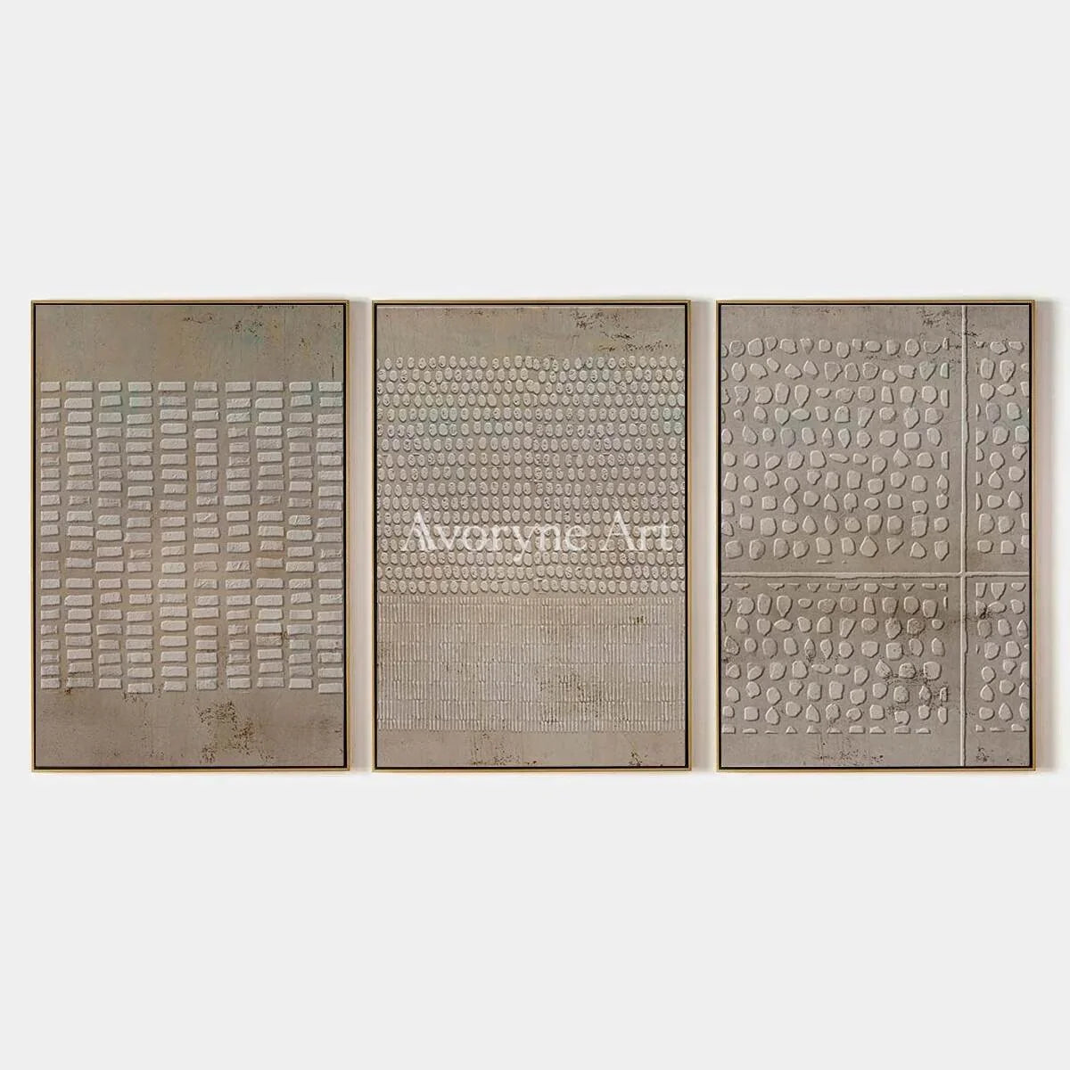 Archive of Earth, a neutral textured triptych of three taupe plaster panels by Lin Qiao