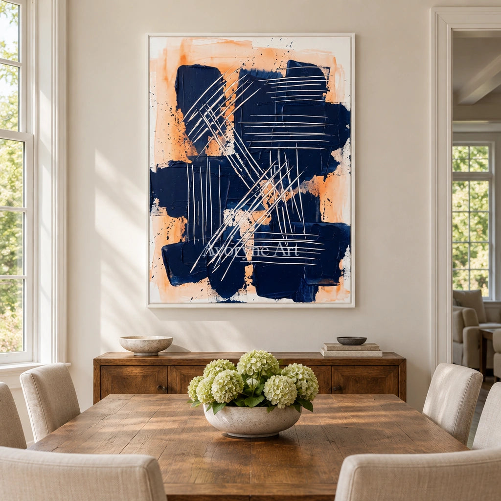 Silver Current abstract brushwork wall art with a white frame in a dining room