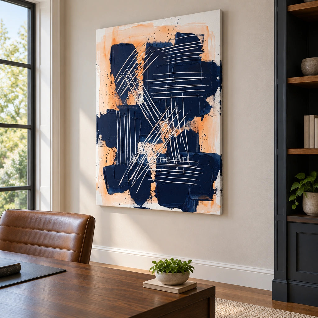 Silver Current abstract brushwork wall art as a frameless stretched canvas in a home office