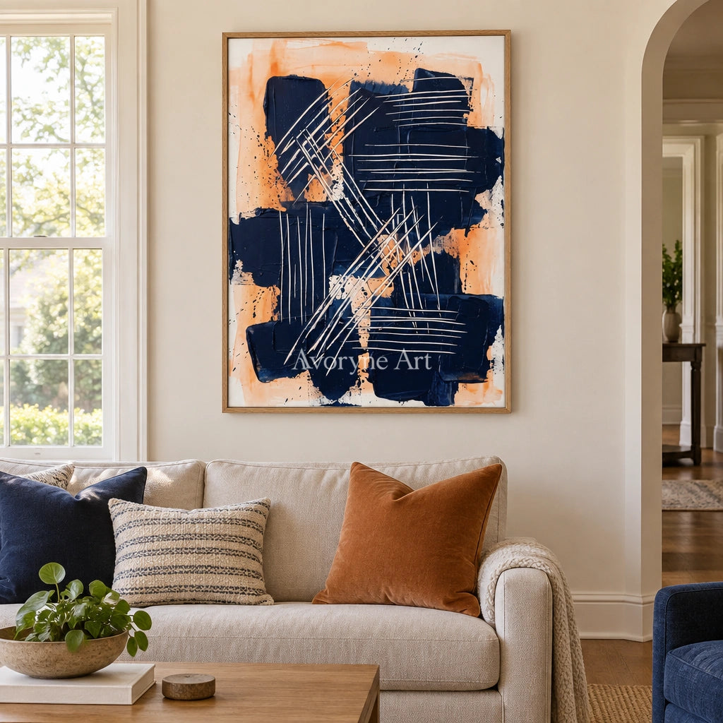 Silver Current abstract brushwork wall art with a wood frame in a villa living space