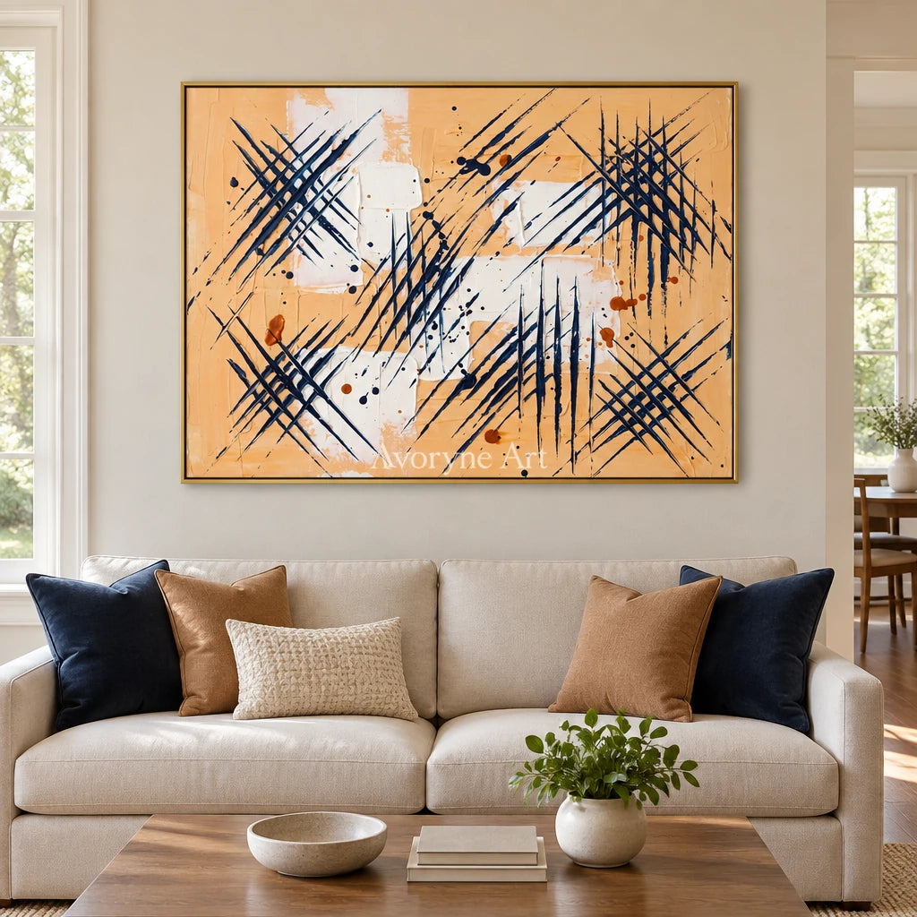 Silver Dialogue abstract brushwork wall art with a gold frame hanging in a living room