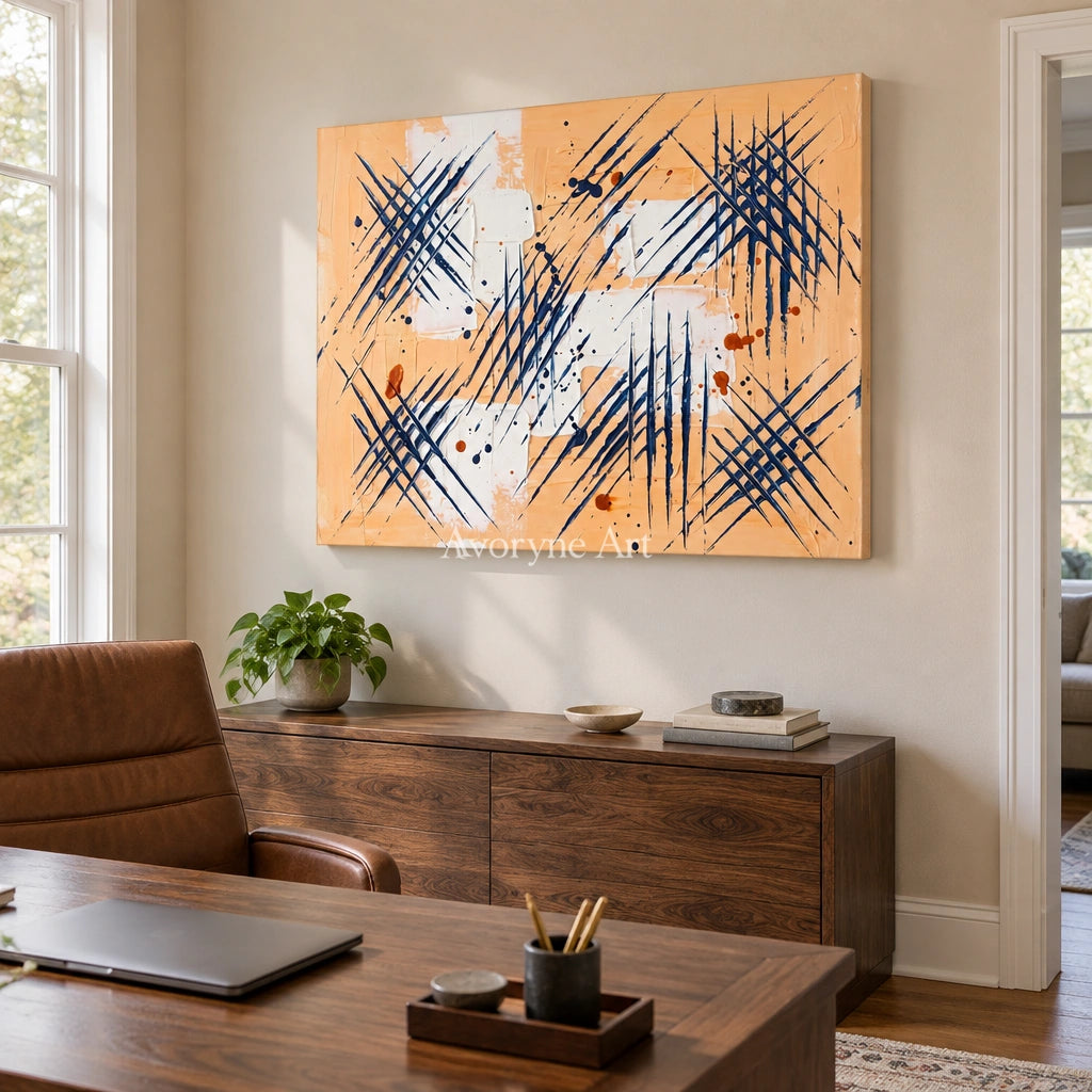 Silver Dialogue abstract brushwork wall art as a frameless stretched canvas in a home office