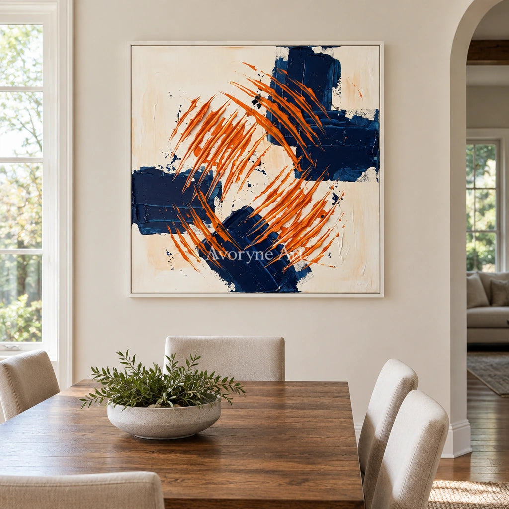 Golden Echo abstract brushwork wall art with a white frame in a dining room