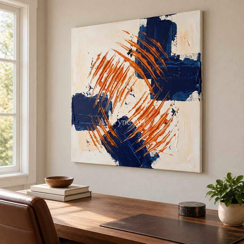 Golden Echo abstract brushwork wall art as a frameless stretched canvas in a home office
