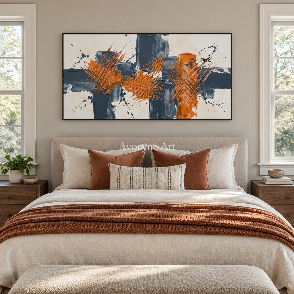 Golden Horizon abstract brushwork wall art with a black frame above a bed in a bedroom
