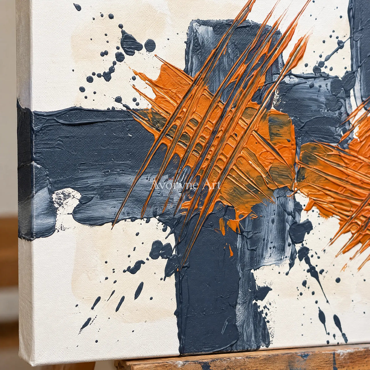 Close-up of the hand-painted texture of Golden Horizon abstract brushwork wall art on an easel