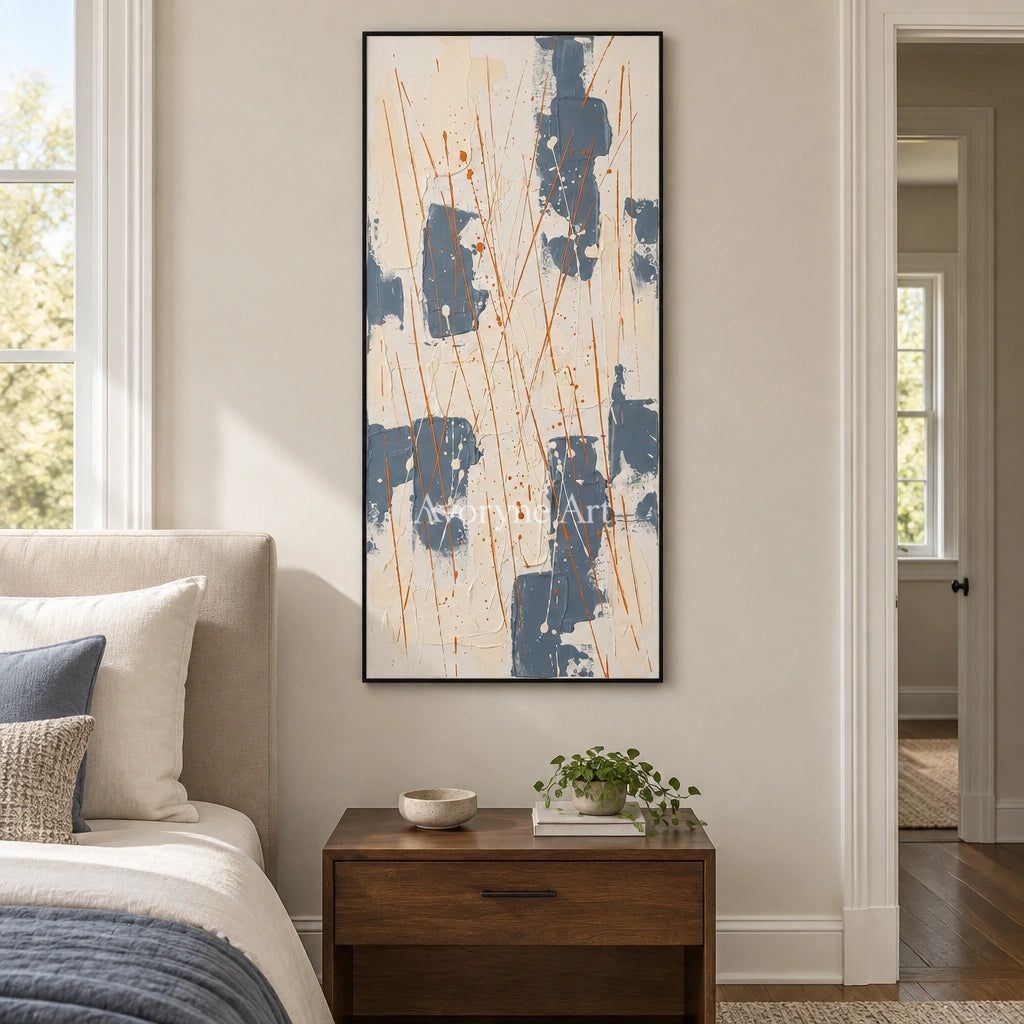 Golden Gesture abstract brushwork wall art with a black frame above a bed in a bedroom