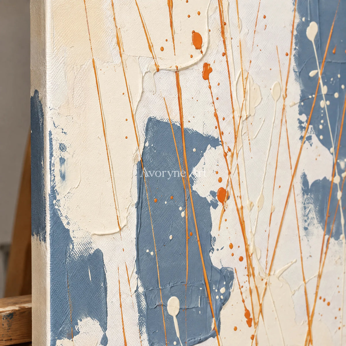 Close-up of the hand-painted texture of Golden Gesture abstract brushwork wall art on an easel