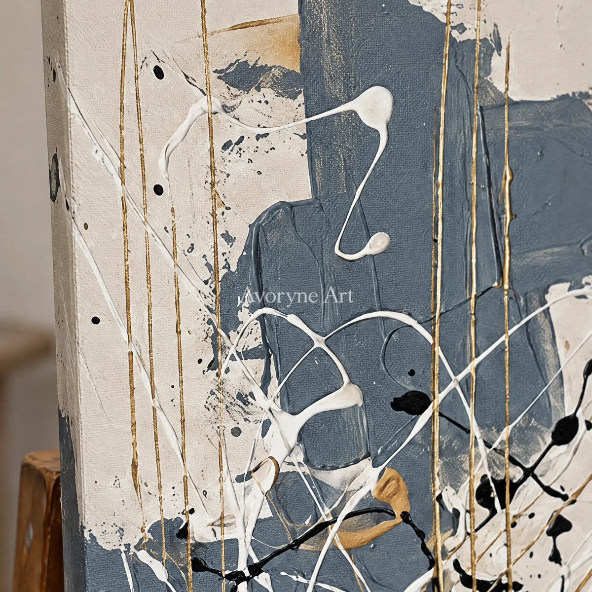 Close-up of the hand-painted texture of Golden Verse abstract brushwork diptych on an easel