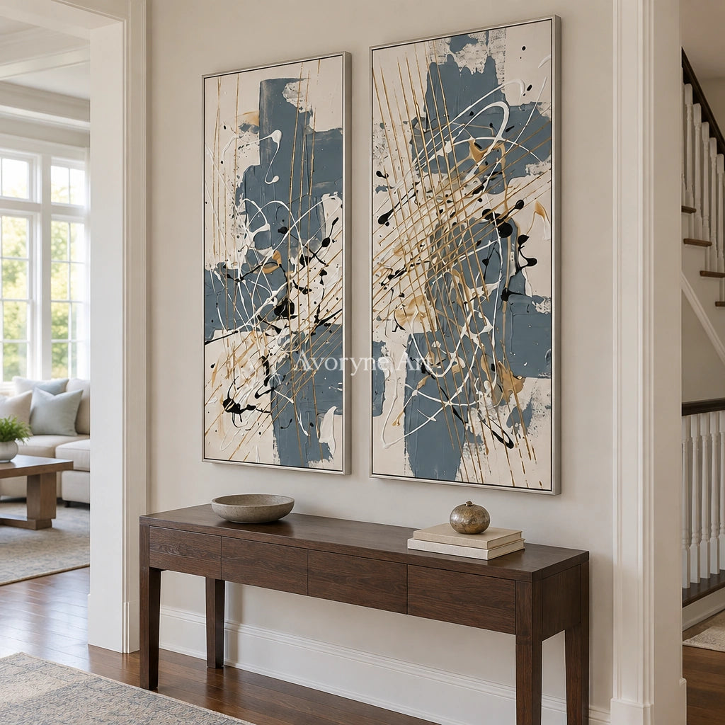 Golden Verse abstract brushwork diptych with a silver frame in an entryway