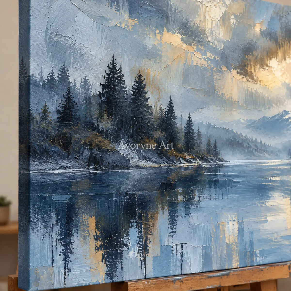 Blue Stillwater: Alpine Lake Landscape Wall Art — detail easel