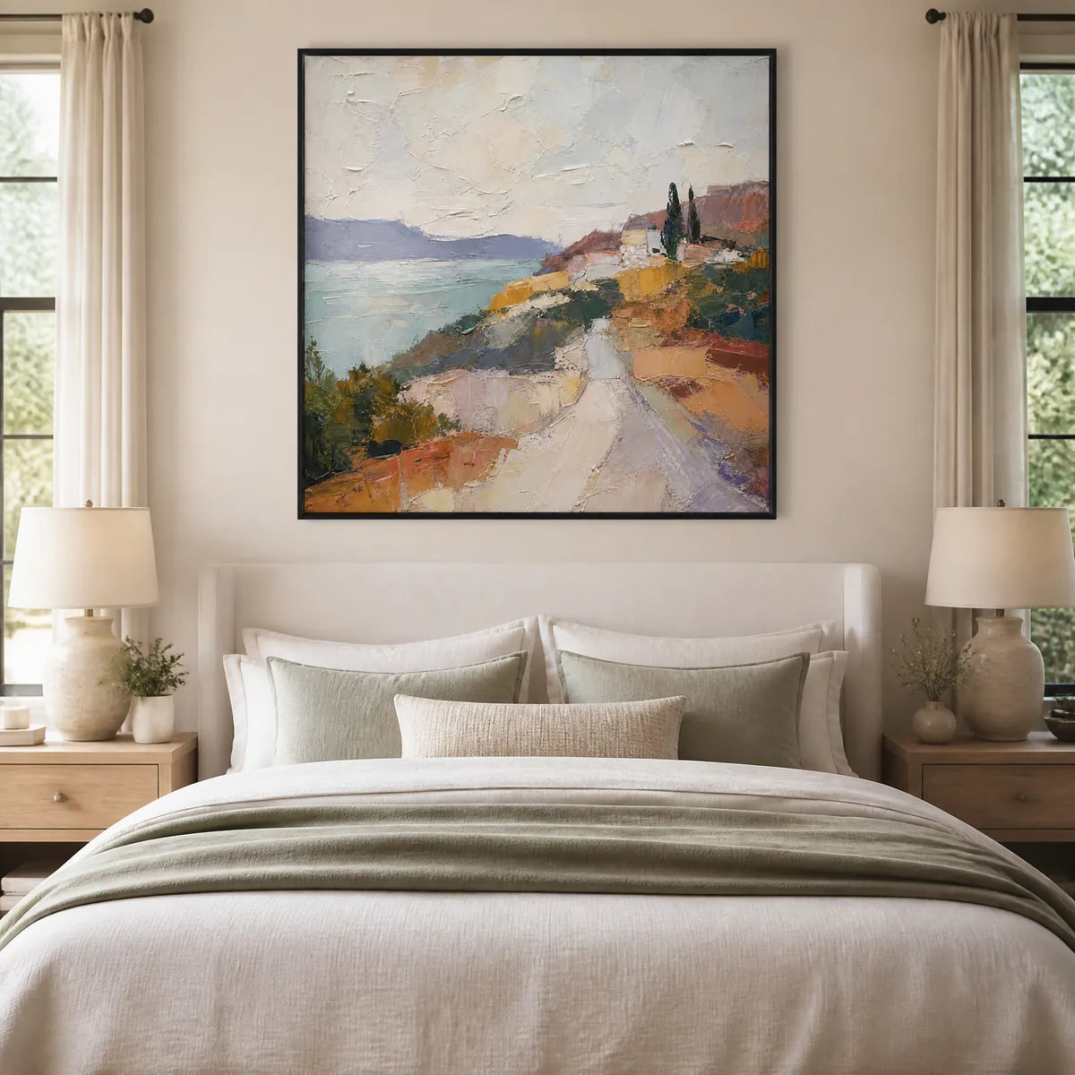 Amalfi Light: Coastal Landscape Wall Art - bedroom black frame