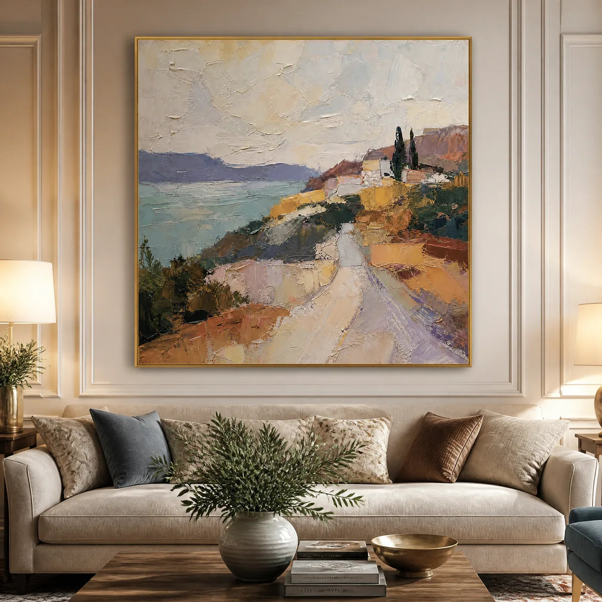 Amalfi Light: Coastal Landscape Wall Art - living room gold frame