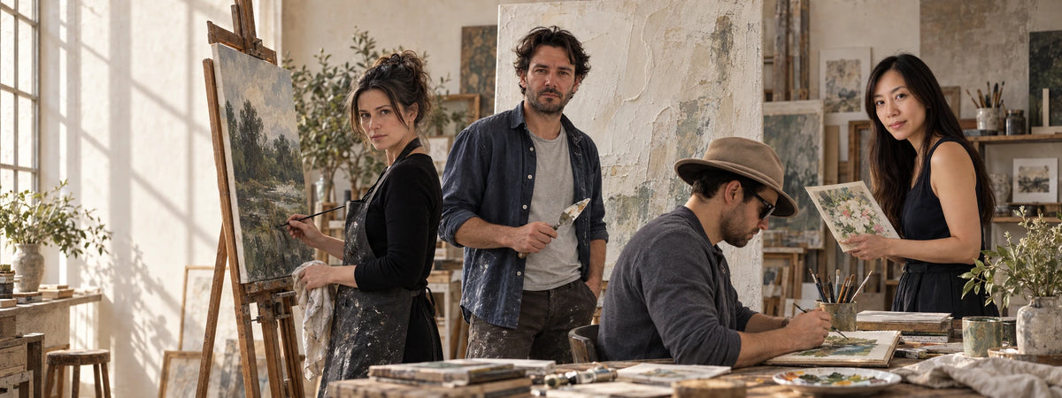 AI-composited studio scene featuring four Avoryne artists with paintings and art materials