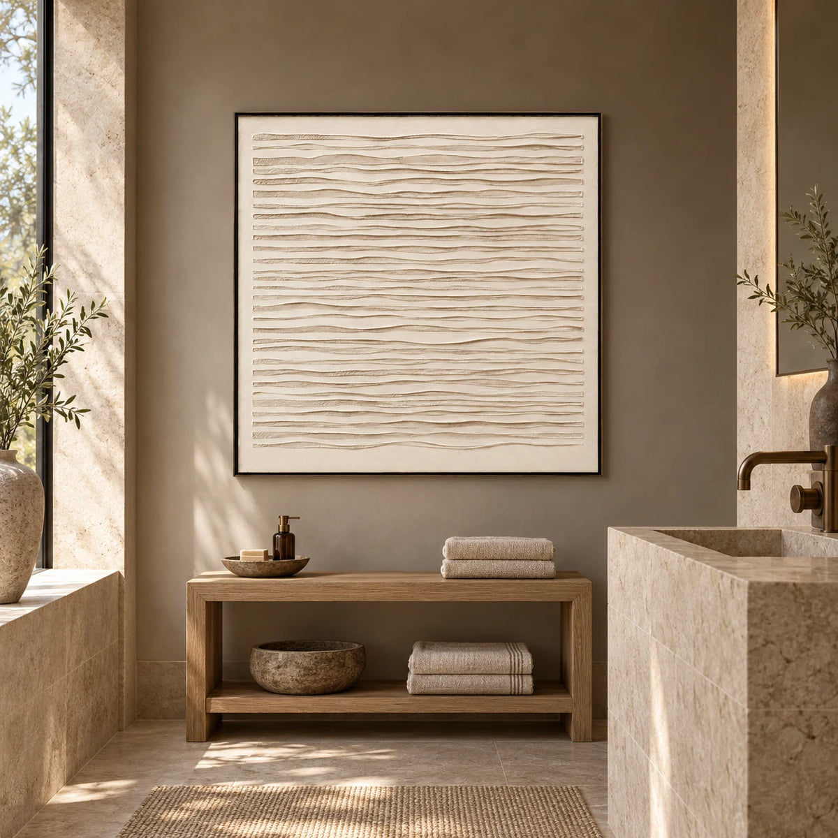 Bathroom styling visualization with Linen Waves artwork AV0281