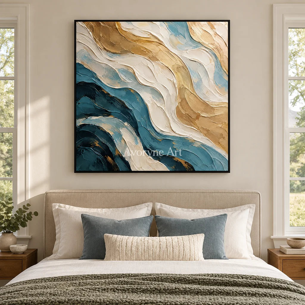 Tidal Folds: Beige and Teal Abstract Wall Art — bedroom black