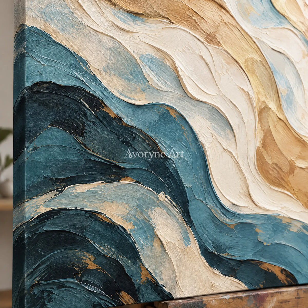 Tidal Folds: Beige and Teal Abstract Wall Art — detail easel