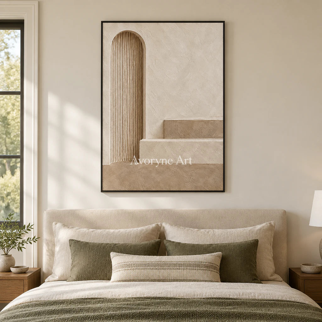 Arched Stillness: Beige Architectural Relief Wall Art — bedroom black