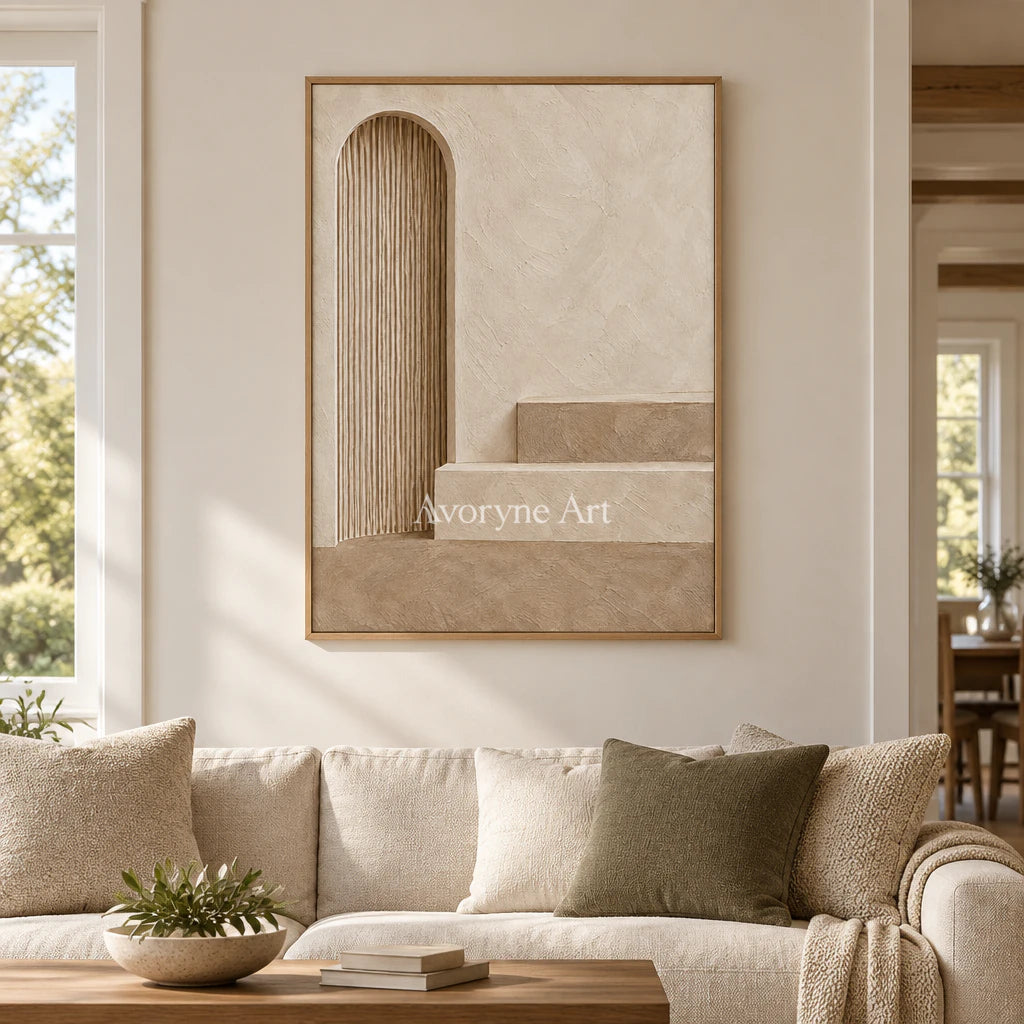 Arched Stillness: Beige Architectural Relief Wall Art — villa wood