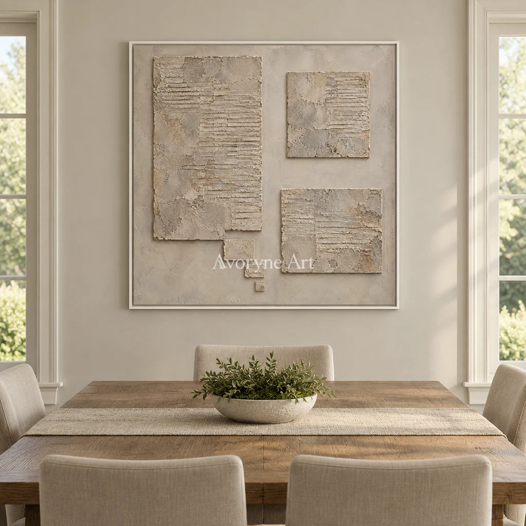 Suspended Terrain: Beige Block Abstract Wall Art — dining white
