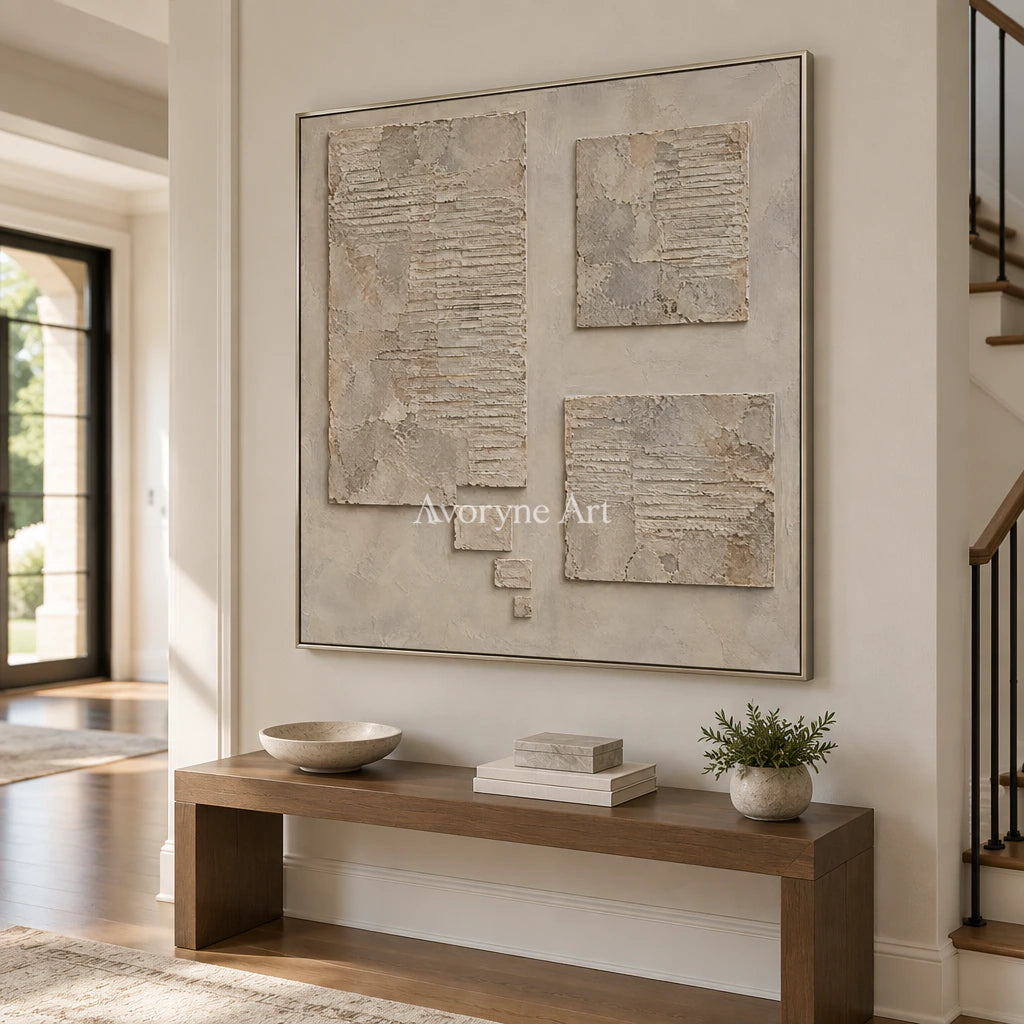 Suspended Terrain: Beige Block Abstract Wall Art — entry silver