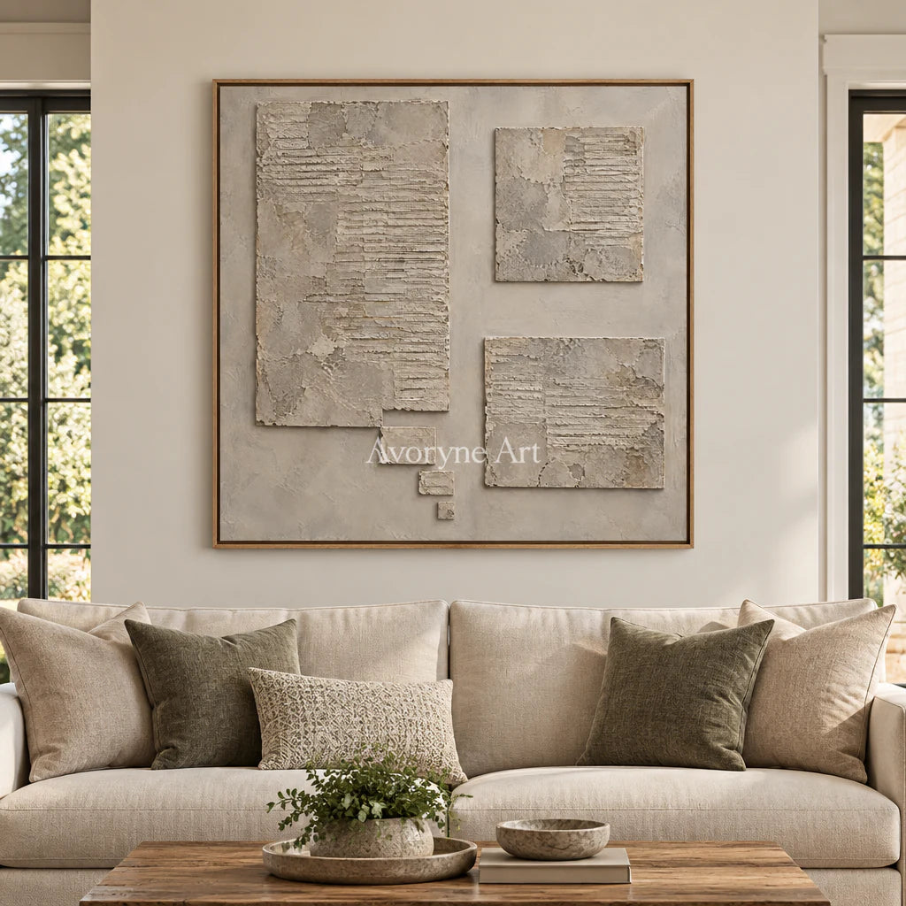 Suspended Terrain: Beige Block Abstract Wall Art — villa wood