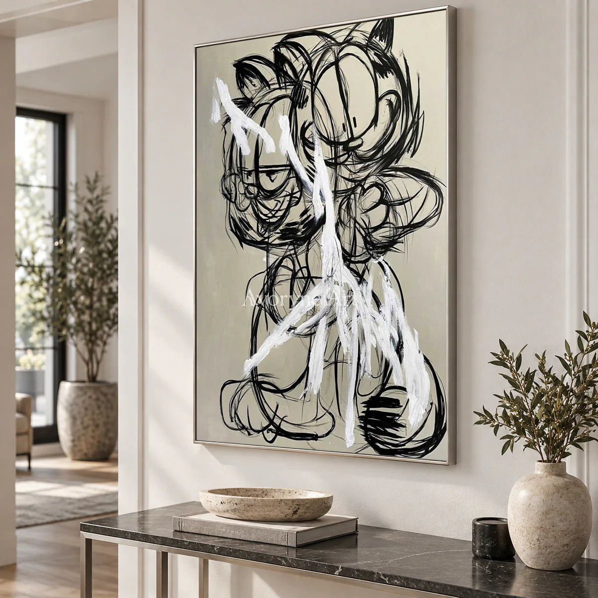 Double Mischief: Beige Cartoon Cat Graffiti Wall Art — entry silver