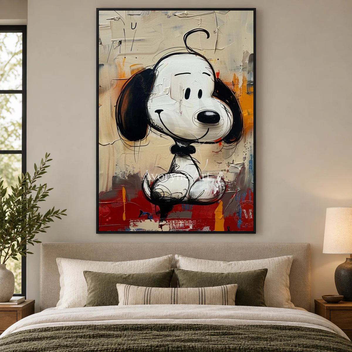 Small Companion: Beige Cartoon Dog Graffiti Wall Art — bedroom black
