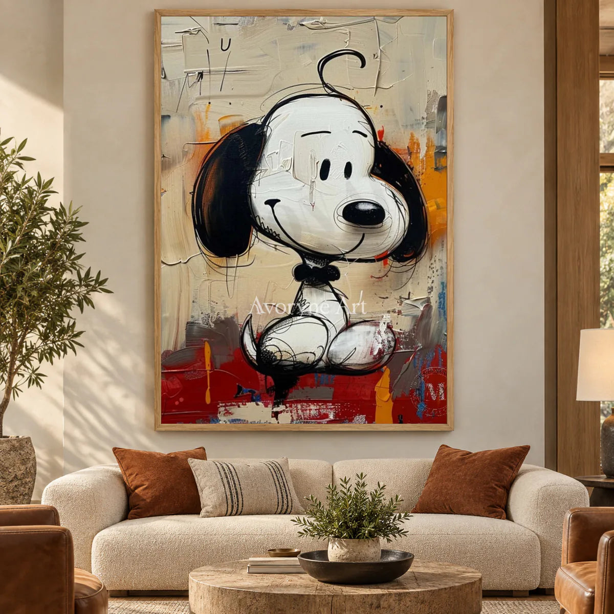 Small Companion: Beige Cartoon Dog Graffiti Wall Art — hotel wood