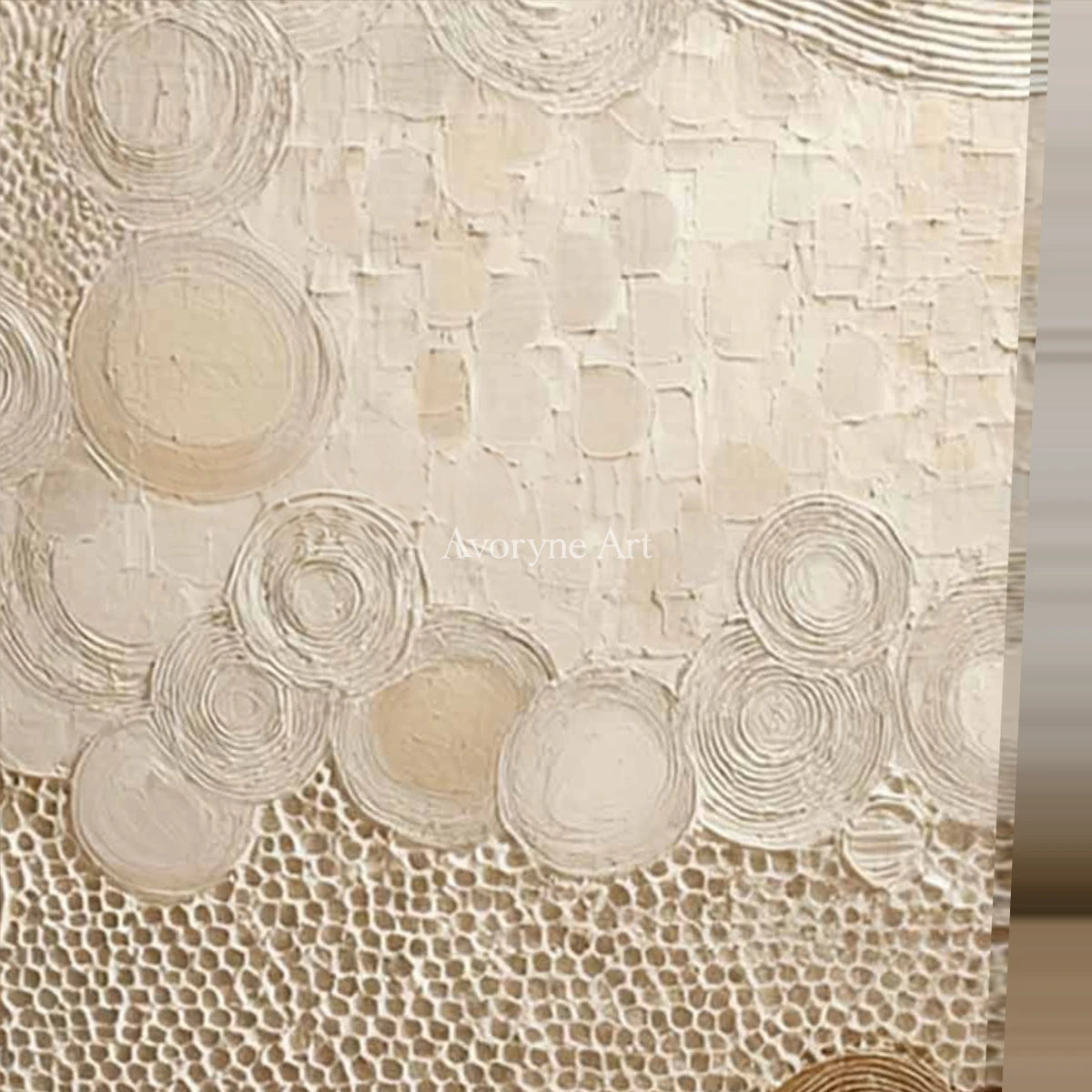 Honeyed Orbit: Beige Circular Texture Abstract Wall Art — detail easel