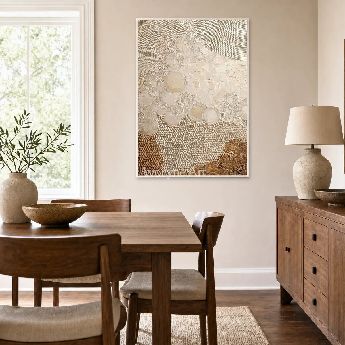 Honeyed Orbit: Beige Circular Texture Abstract Wall Art — dining white