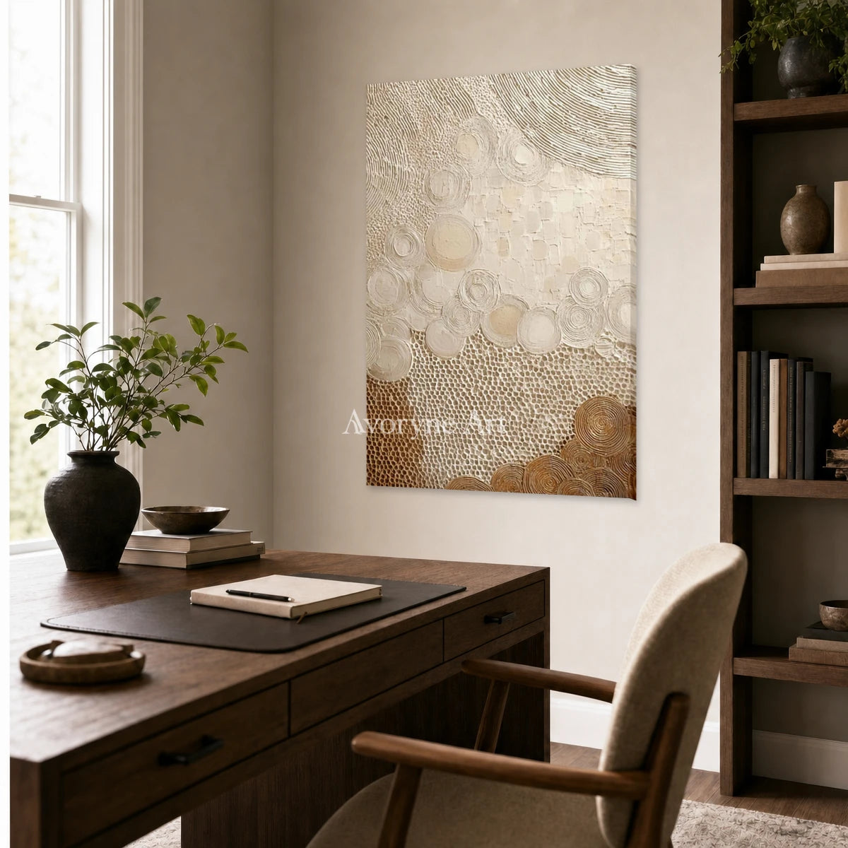 Honeyed Orbit: Beige Circular Texture Abstract Wall Art — office frameless