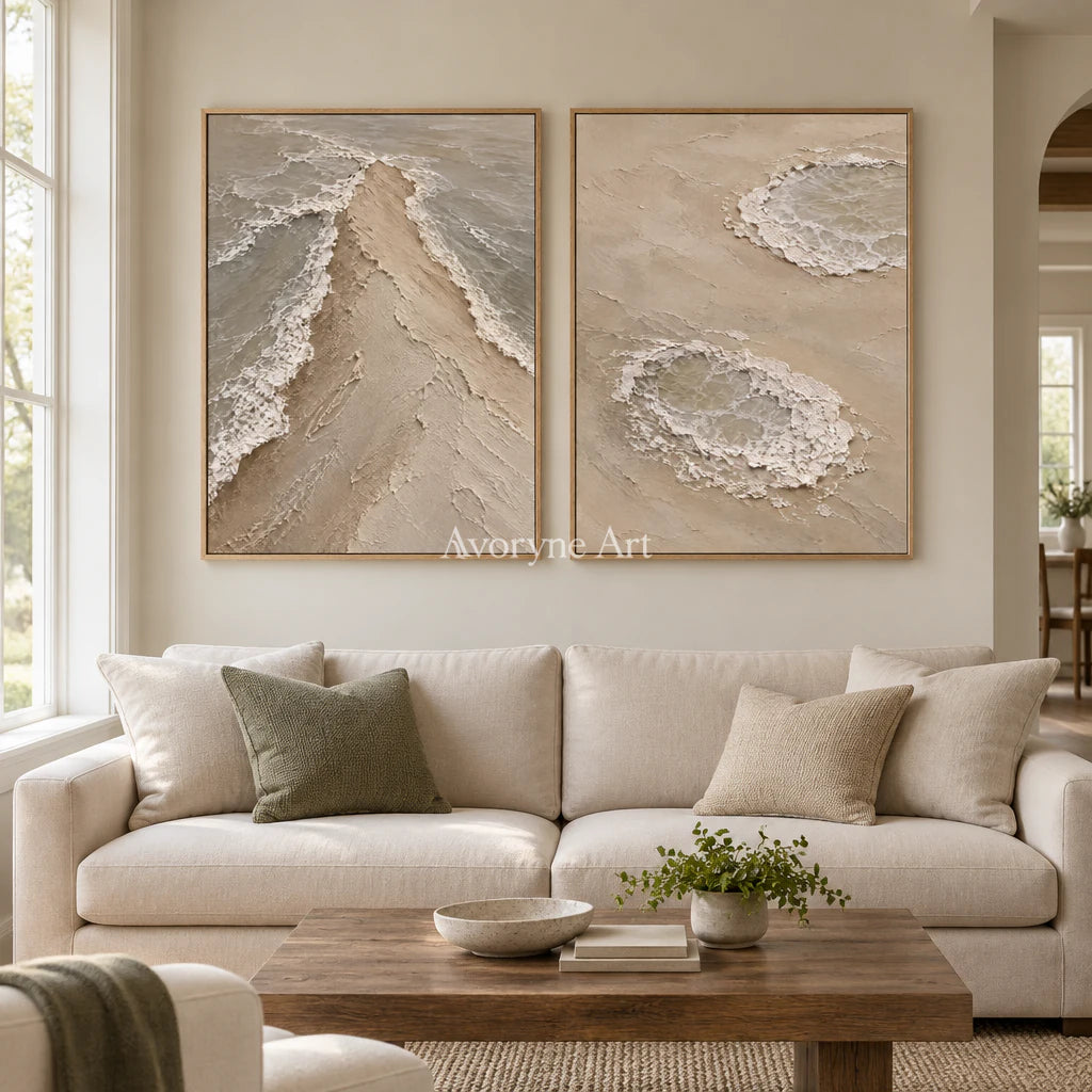 Sandwater Passage: Beige Coastal Diptych Wall Art — villa wood
