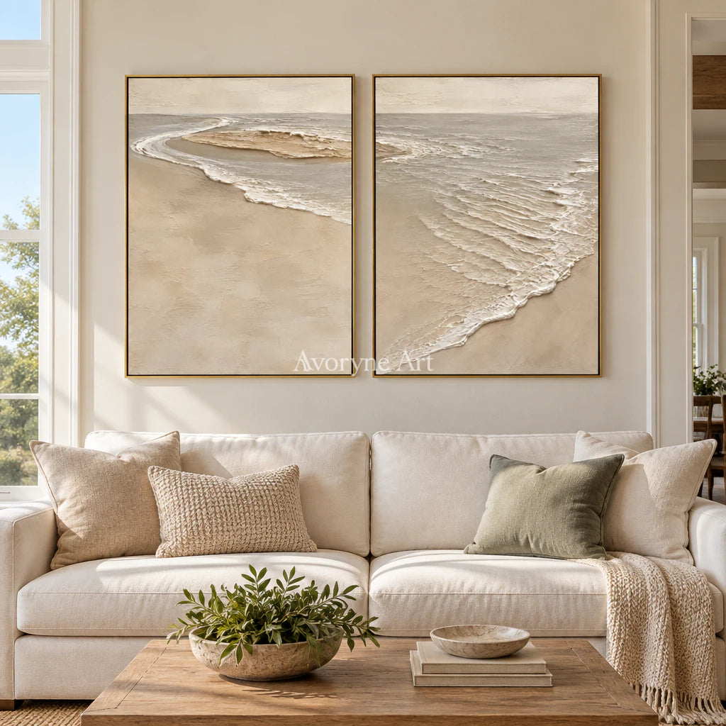 Sandbar Conversation: Beige Coastal Diptych Wall Art — living gold