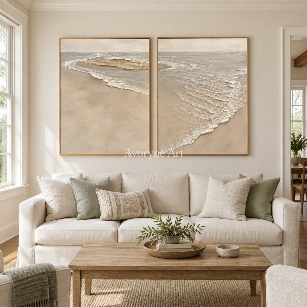 Sandbar Conversation: Beige Coastal Diptych Wall Art — villa wood