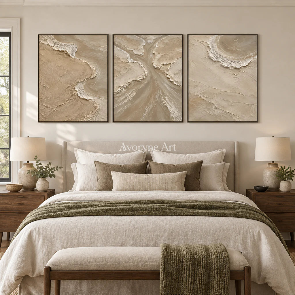 Estuary Rhythm: Beige Coastal Triptych Wall Art — bedroom black