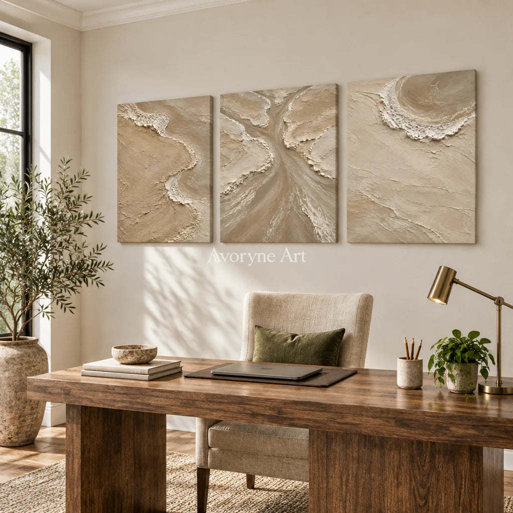 Estuary Rhythm: Beige Coastal Triptych Wall Art — office frameless