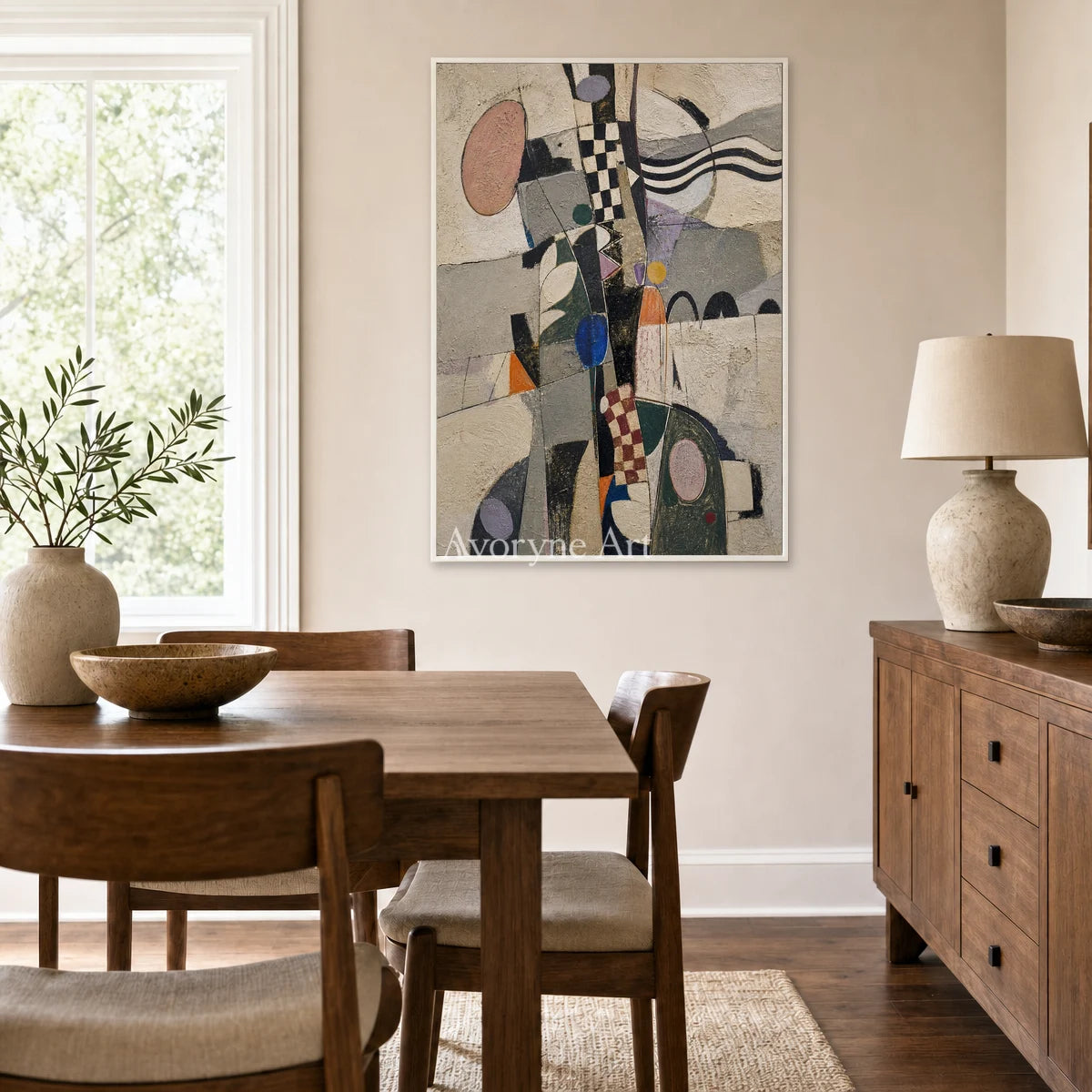 Measured Whim: Beige Cubist Geometric Abstract Wall Art — dining white
