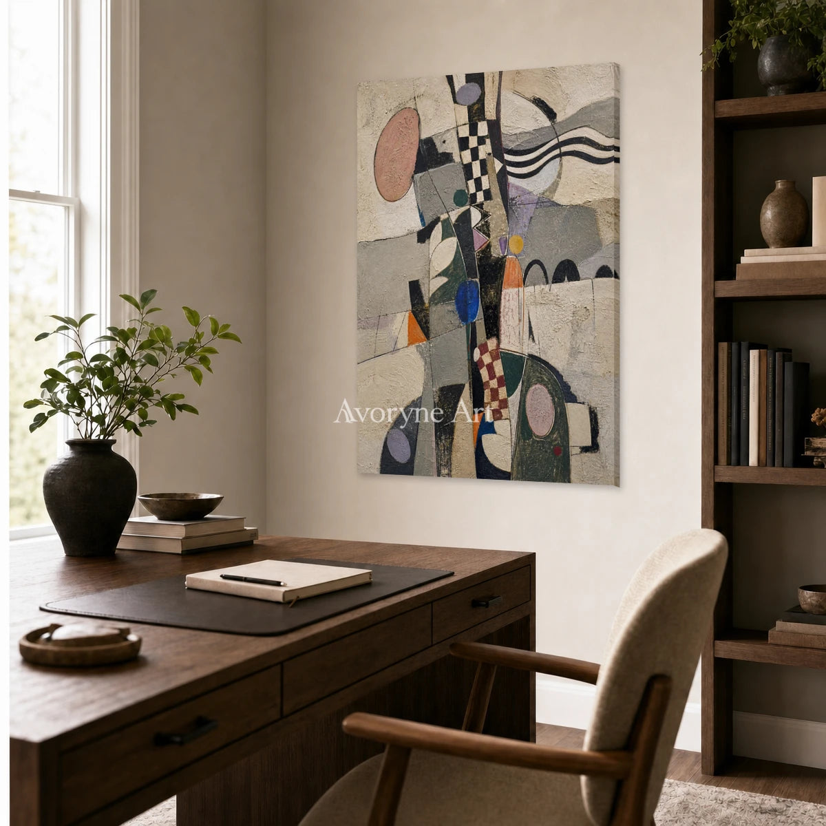 Measured Whim: Beige Cubist Geometric Abstract Wall Art — office frameless