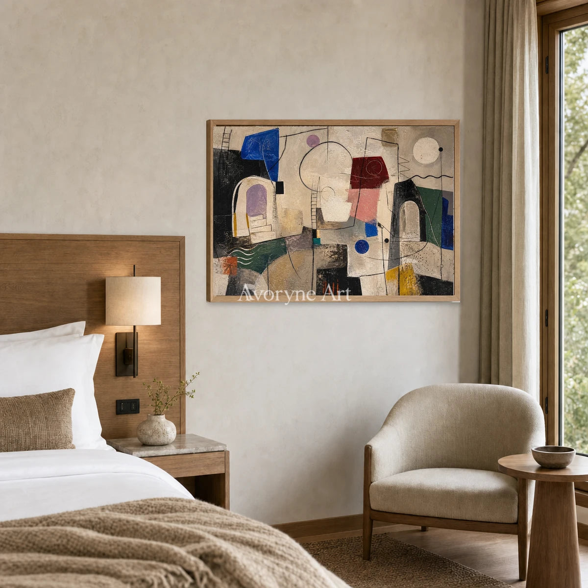 City of Small Shapes: Beige Cubist Geometric Abstract Wall Art — hotel wood