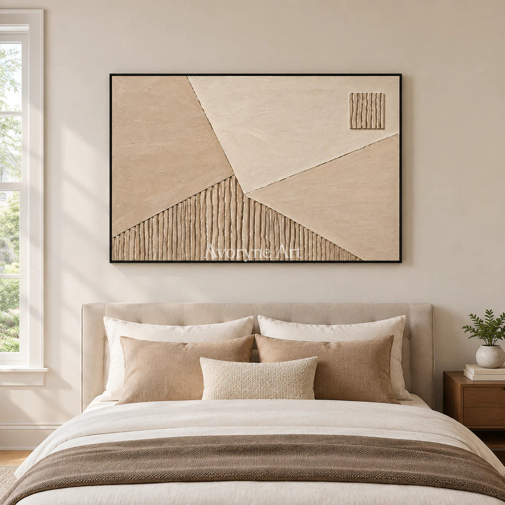 Sandstone Junction: Beige Geometric Relief Wall Art — bedroom black