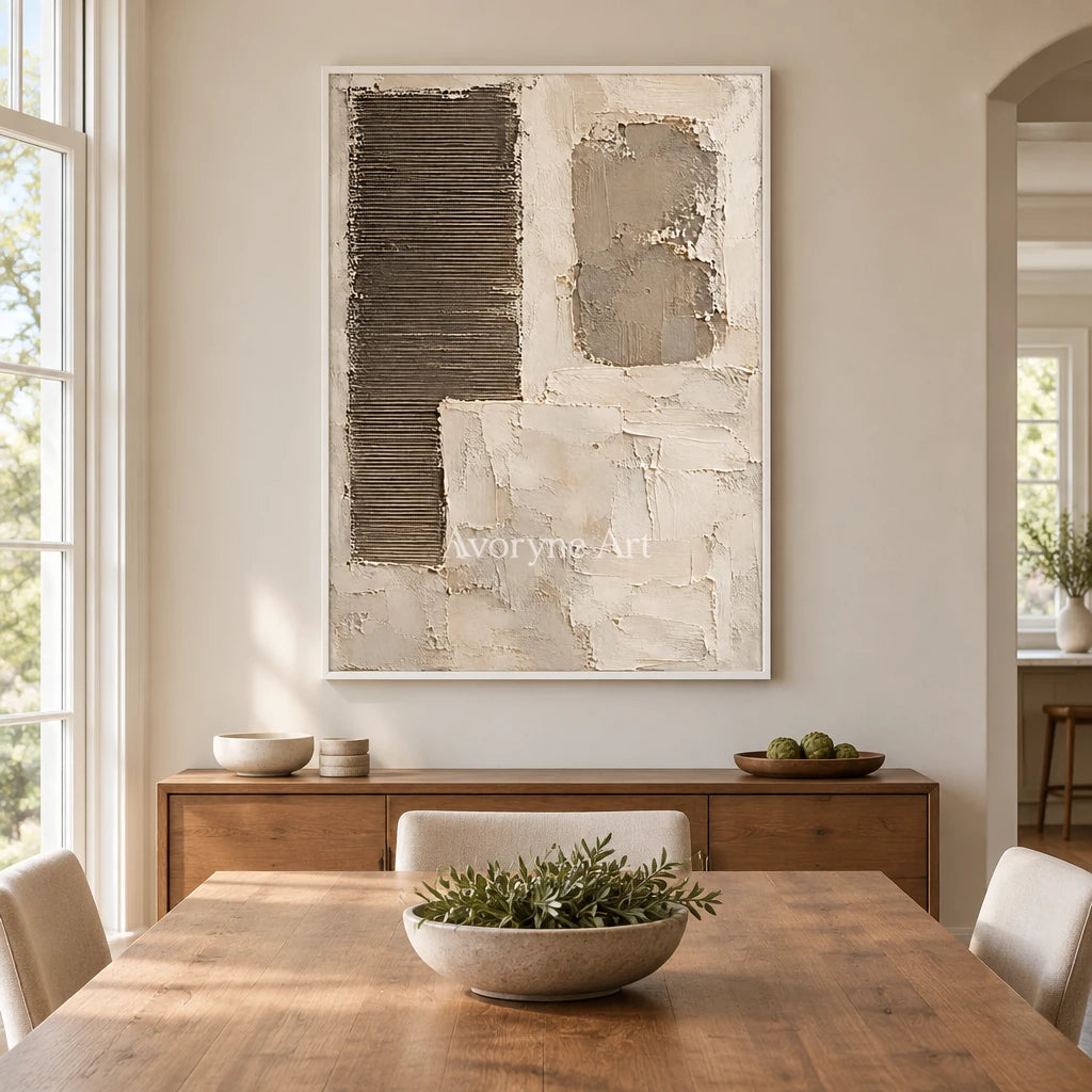 Earthen Intervals: Beige Geometric Texture Wall Art — dining white