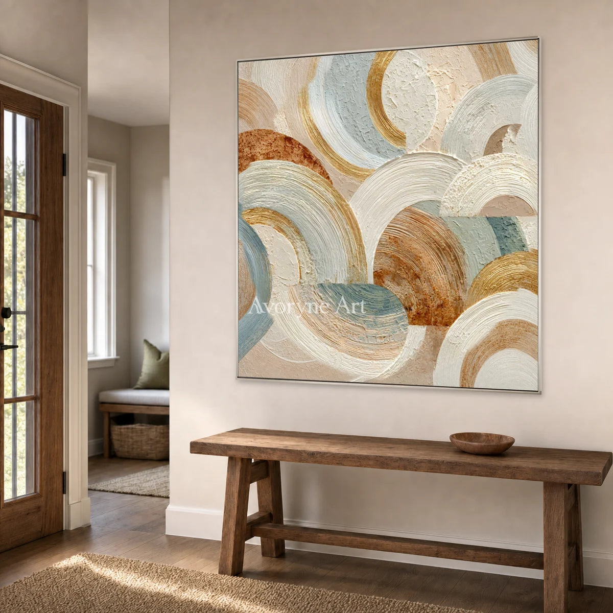 Cloud Arcadia: Beige Layered Arc Square Abstract Wall Art — entry silver