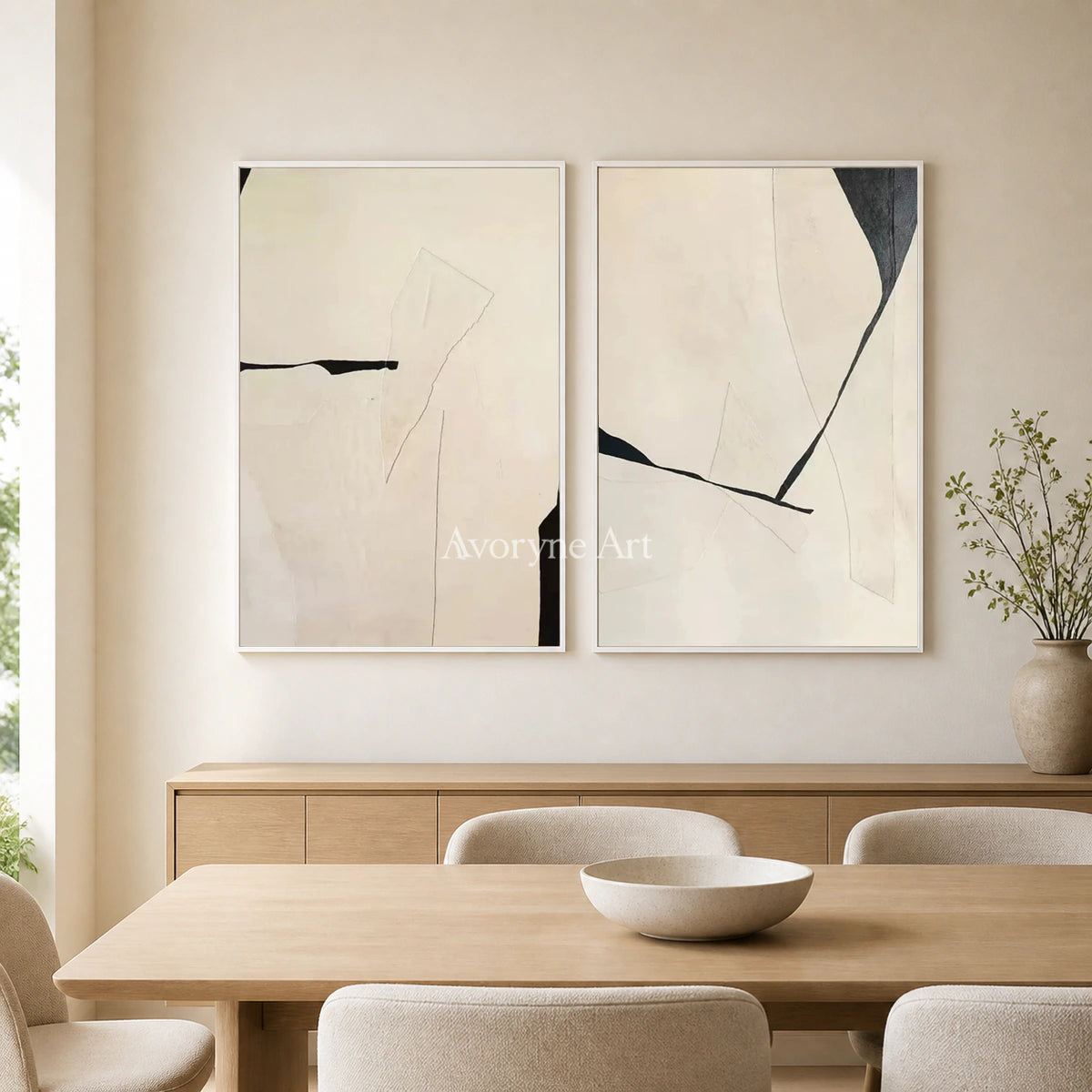 Twofold Pause: Beige Minimalist Abstract Diptych Wall Art — dining white