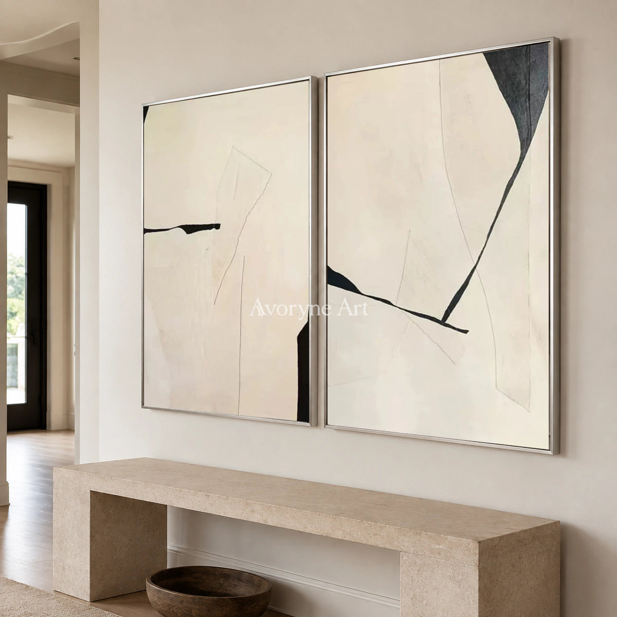 Twofold Pause: Beige Minimalist Abstract Diptych Wall Art — entry silver