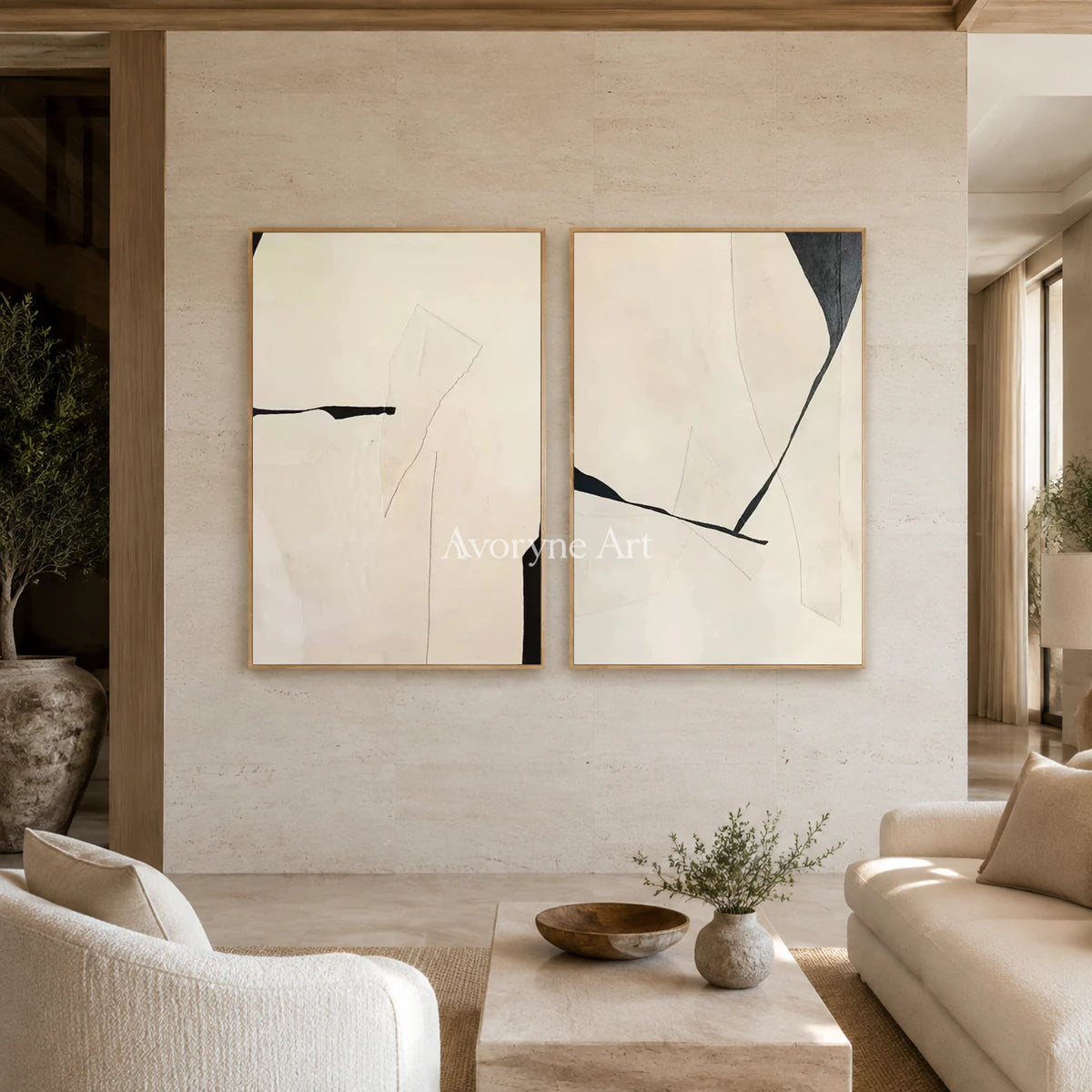 Twofold Pause: Beige Minimalist Abstract Diptych Wall Art — hotel wood
