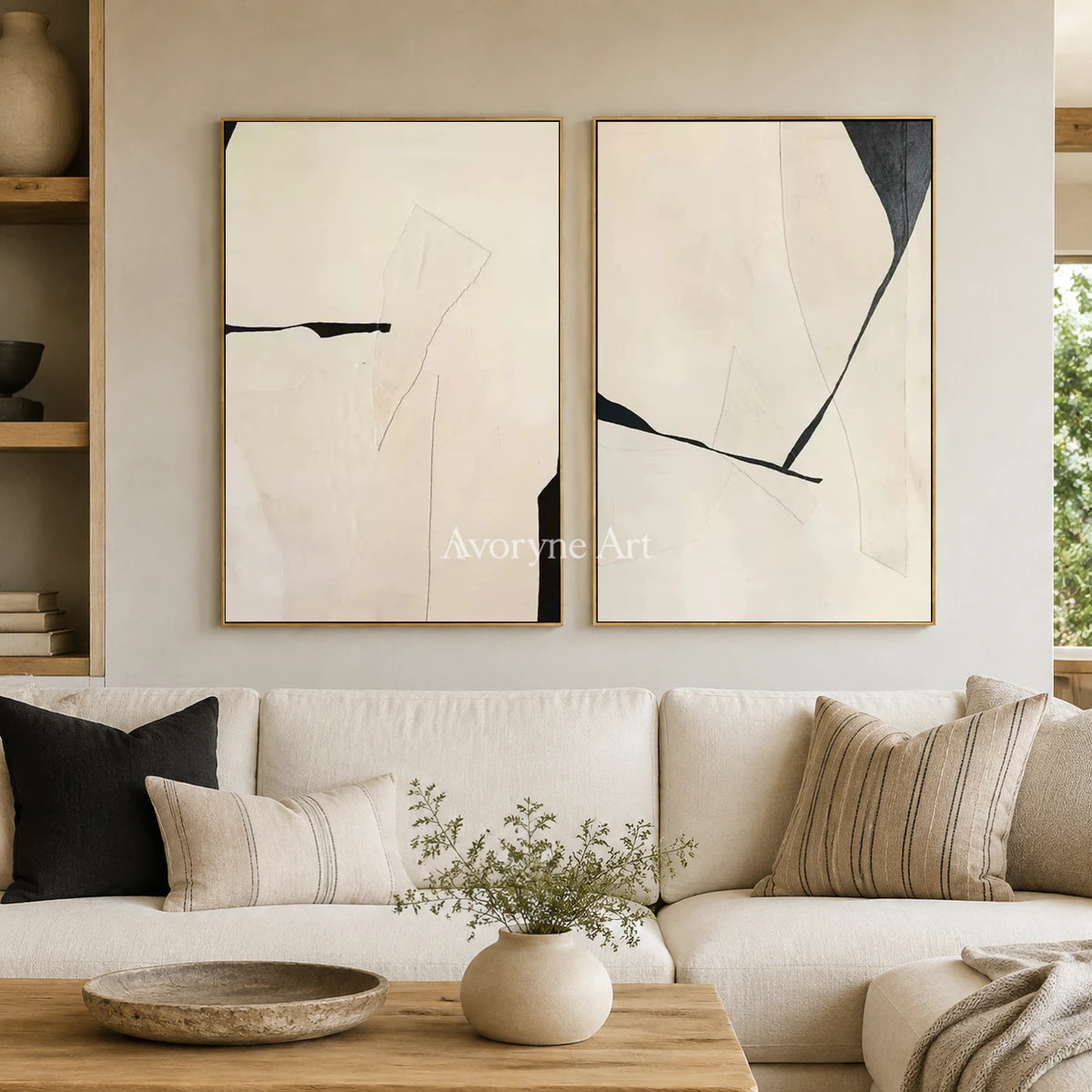 Twofold Pause: Beige Minimalist Abstract Diptych Wall Art — living gold