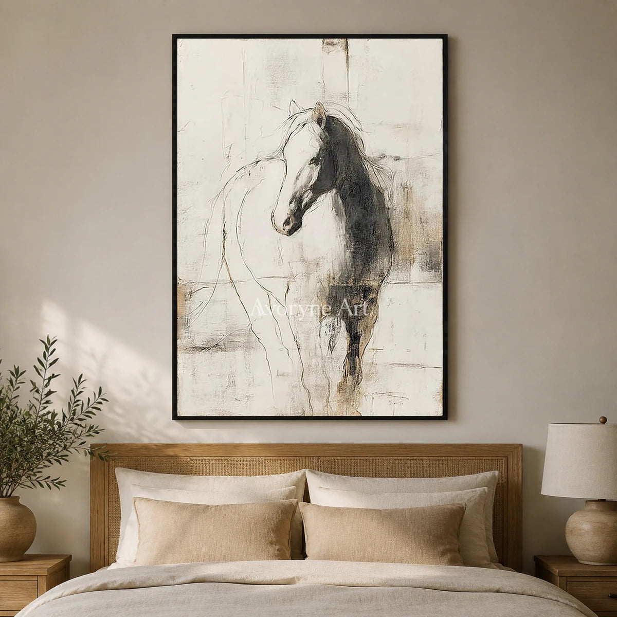 Equine Outline: Beige Minimalist Horse Wall Art — bedroom black