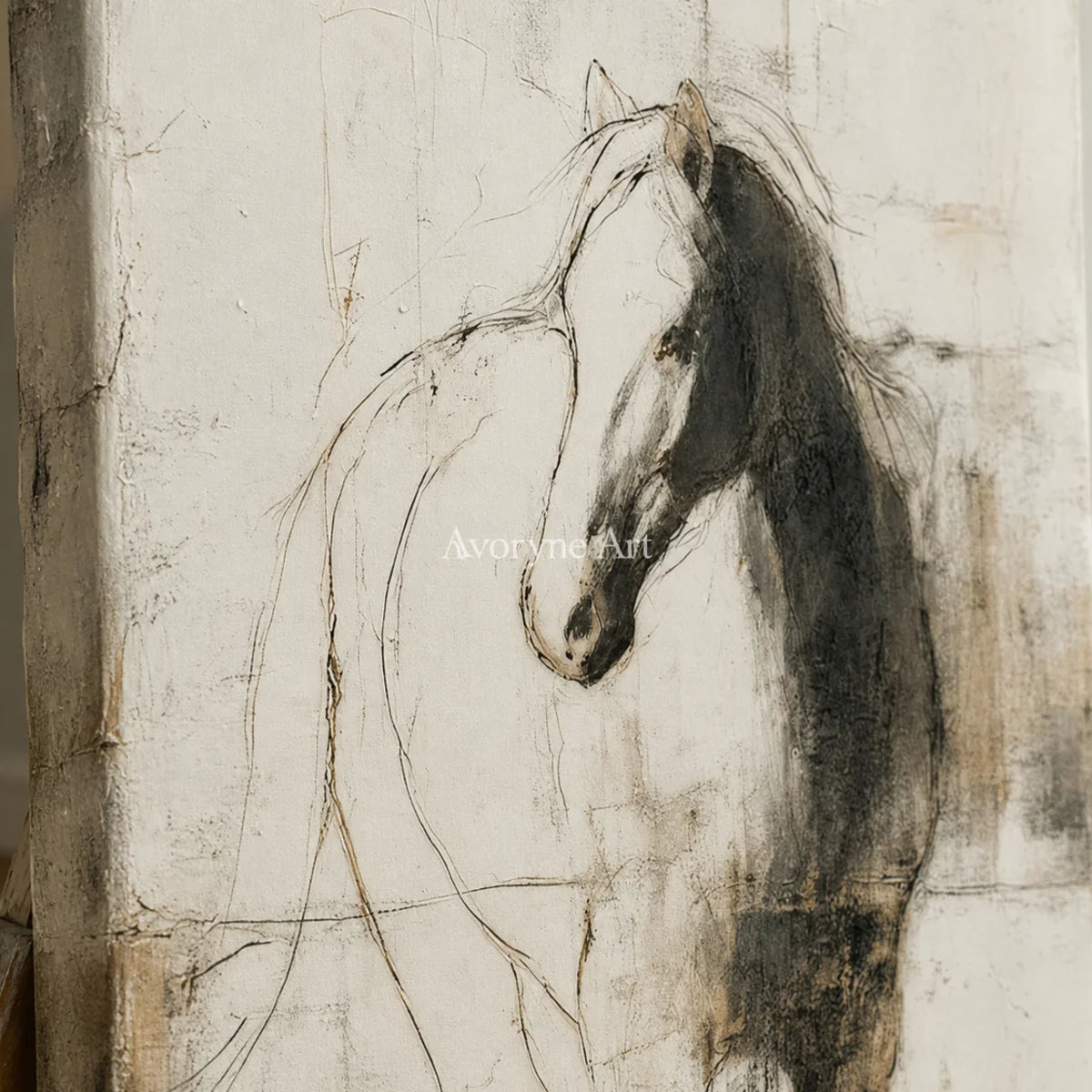 Equine Outline: Beige Minimalist Horse Wall Art — detail easel